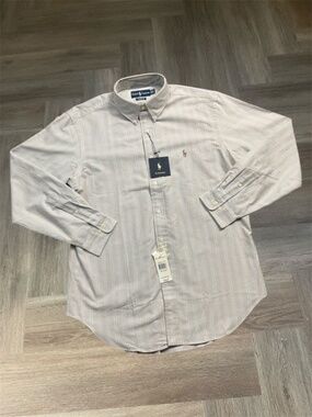 NWT Ralph Lauren Classic Fit Oxford Striped Button Shirt Tan Blue Mens 16 34/35